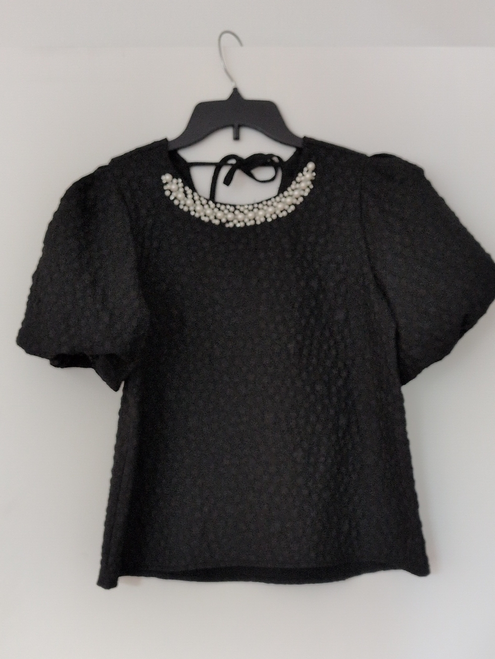 Pearl-Embellished Black Puff Sleeve Blouse